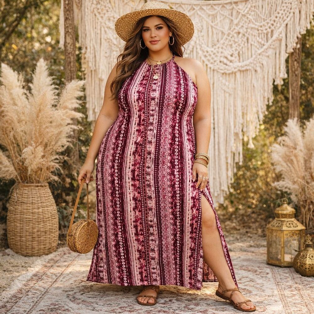 Boho Maxi Dress Women 3X Magenta Side Slit Hippie Festival Casual Beach Resort